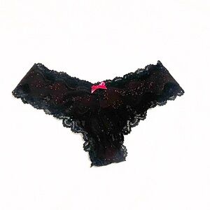NEW Victoria’s Secret Cheeky Black Pink Bow Sparkly Lace Trim Panty Small RARE